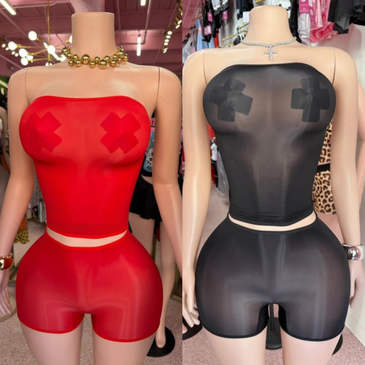Rihanna Sheer Tube Top Short Set RED AND BLACK