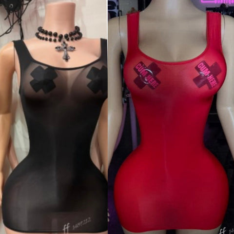 Rihanna Sheer Tank Dress RED & BLACK