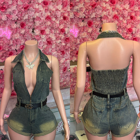 Real Bad Denim Halter Romper (NO STRETCH)