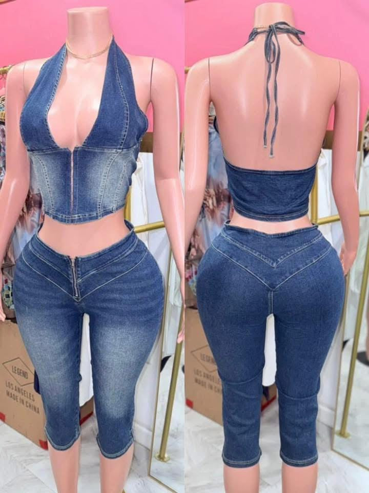 Dolly Denim Halter Top & Pants Set