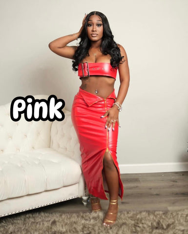 Never Miss Halter Pu Leather Skirt Set *PINK*