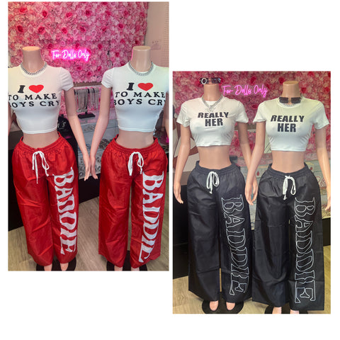 BADDIE WINDBREAKER PANTS **BLACK AND RED***