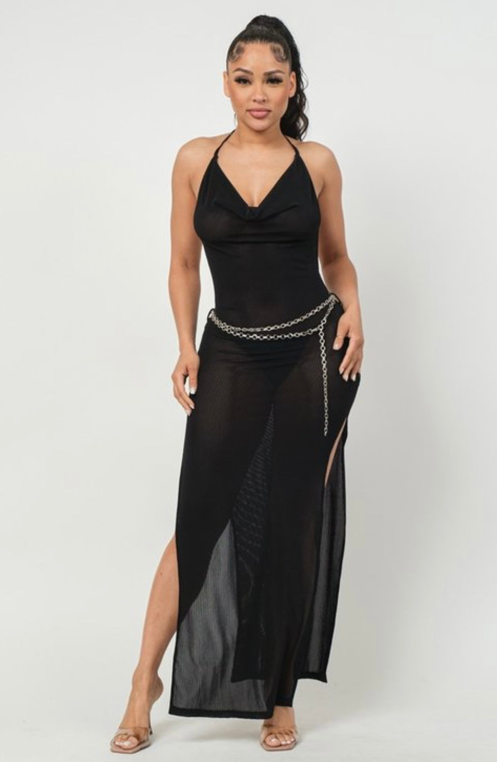 black nude mesh dress Mesh Fitted One Shoulder Slit Gown by Ladivine CB165